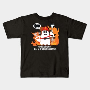 BOO Firefighter dressed as a GHOST - Funny Halloween Ghost Kids T-Shirt